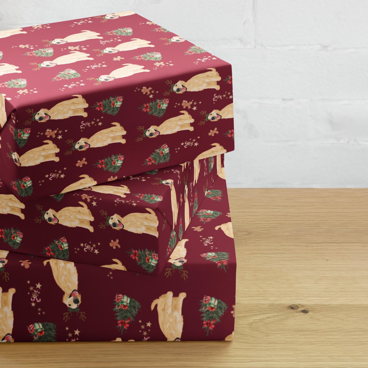 Christmas Golden Retriever Wrapping Paper, 3 sheets burgundy navy, golden dog xmas gift, dog mama gift, dogs first Christmas, life is golden