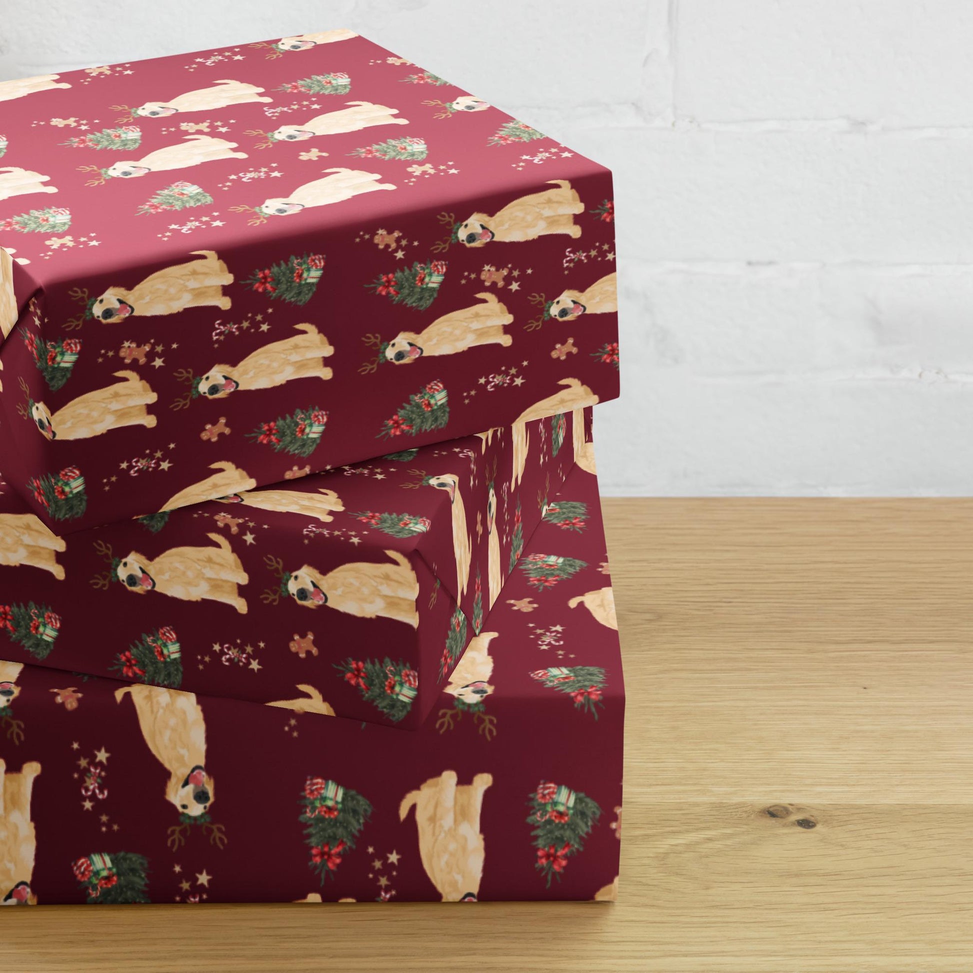 Christmas Golden Retriever Wrapping Paper, 3 sheets burgundy navy, golden dog xmas gift, dog mama gift, dogs first Christmas, life is golden