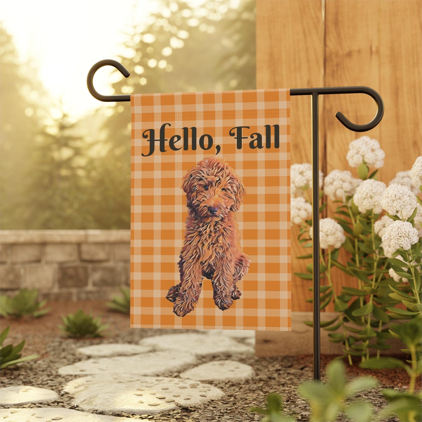 Hello Fall Goldendoodle Garden Flag, gingham orange, red golden doodle gifts, dog home decor, autumn yard flag, gift for her, housewarming