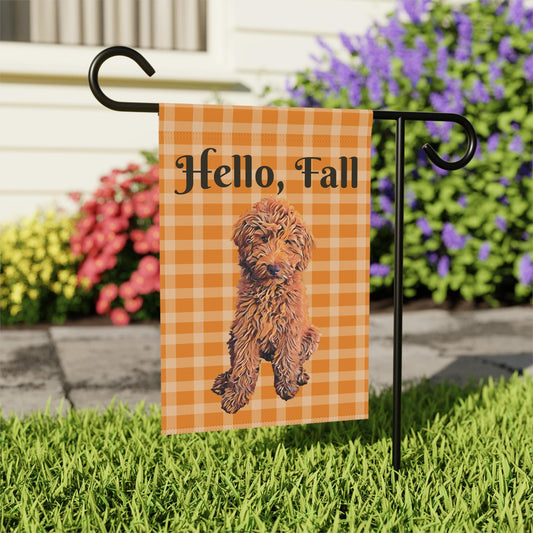 Hello Fall Goldendoodle Garden Flag, gingham orange, red golden doodle gifts, dog home decor, autumn yard flag, gift for her, housewarming