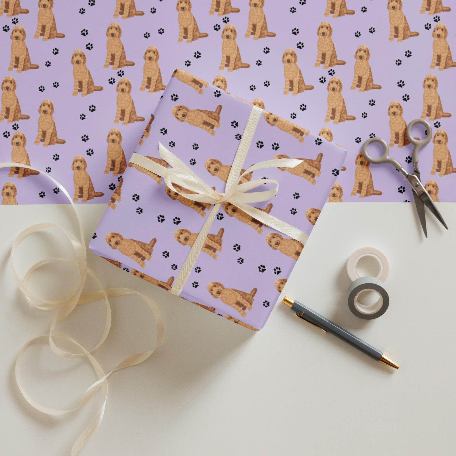 Goldendoodle Wrapping Paper Sheets 3x, Dog Paw Print,
