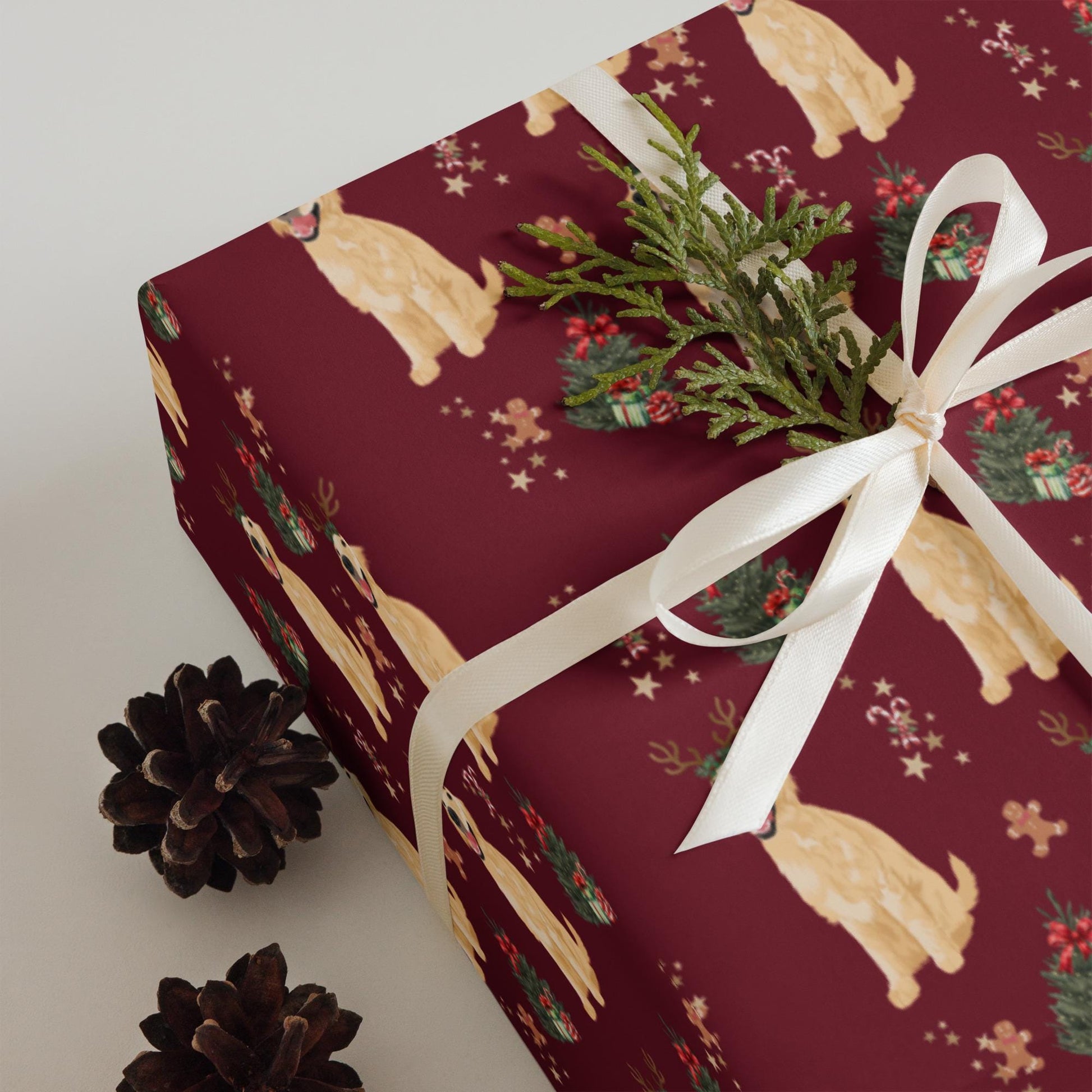 Christmas Golden Retriever Wrapping Paper, 3 sheets burgundy navy, golden dog xmas gift, dog mama gift, dogs first Christmas, life is golden