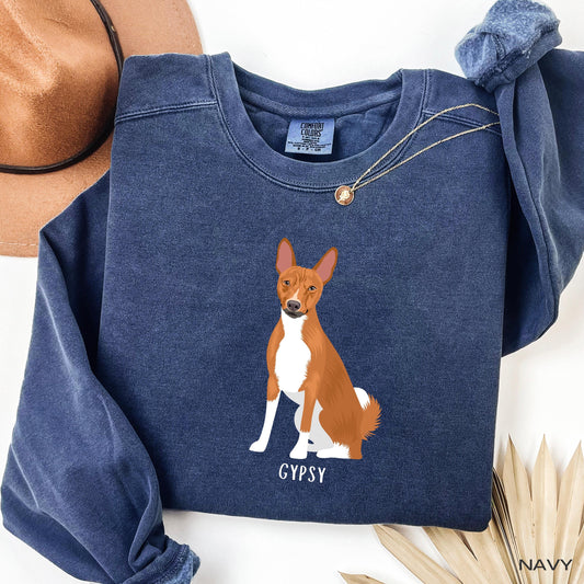 Personalized Basenji Sweatshirt | Basenji Lover Gift featuring a cute Basenji illustration named Gypsy.
