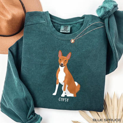 Personalized Basenji Sweatshirt | Basenji Lover Gift featuring a Basenji illustration named Gypsy.