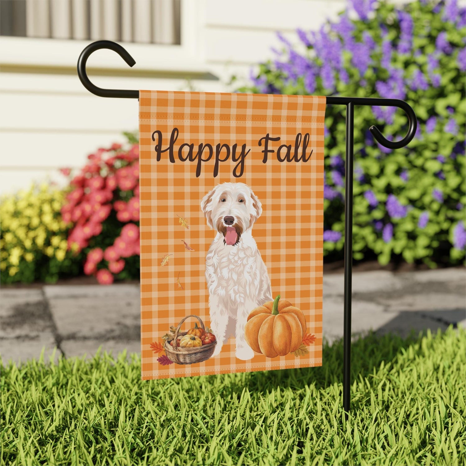 Happy Fall Goldendoodle Garden Flag with pumpkins and orange gingham background