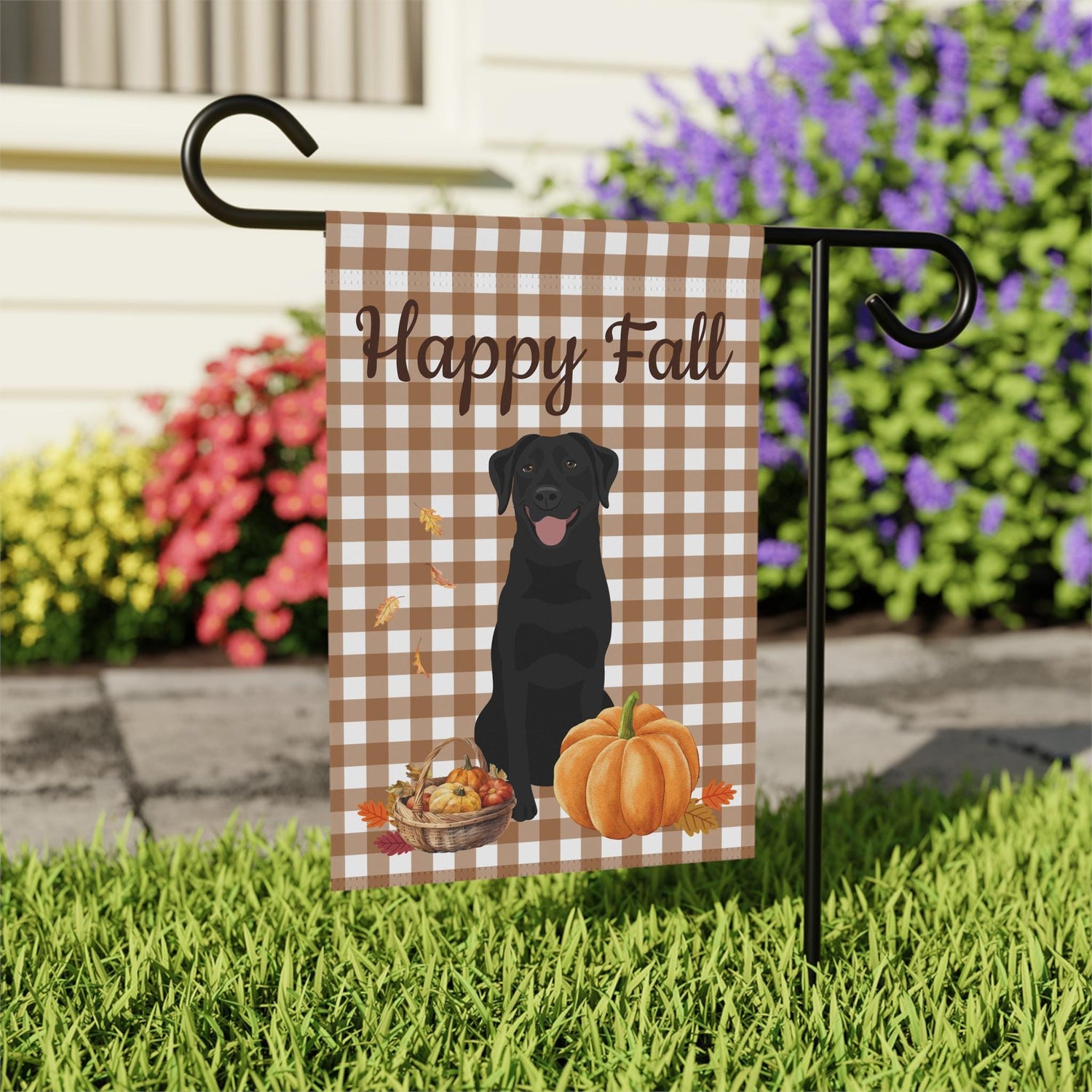 Happy Fall Labrador Garden Flag with pumpkins and brown gingham background