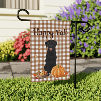 Happy Fall Labrador Garden Flag with pumpkins and brown gingham background