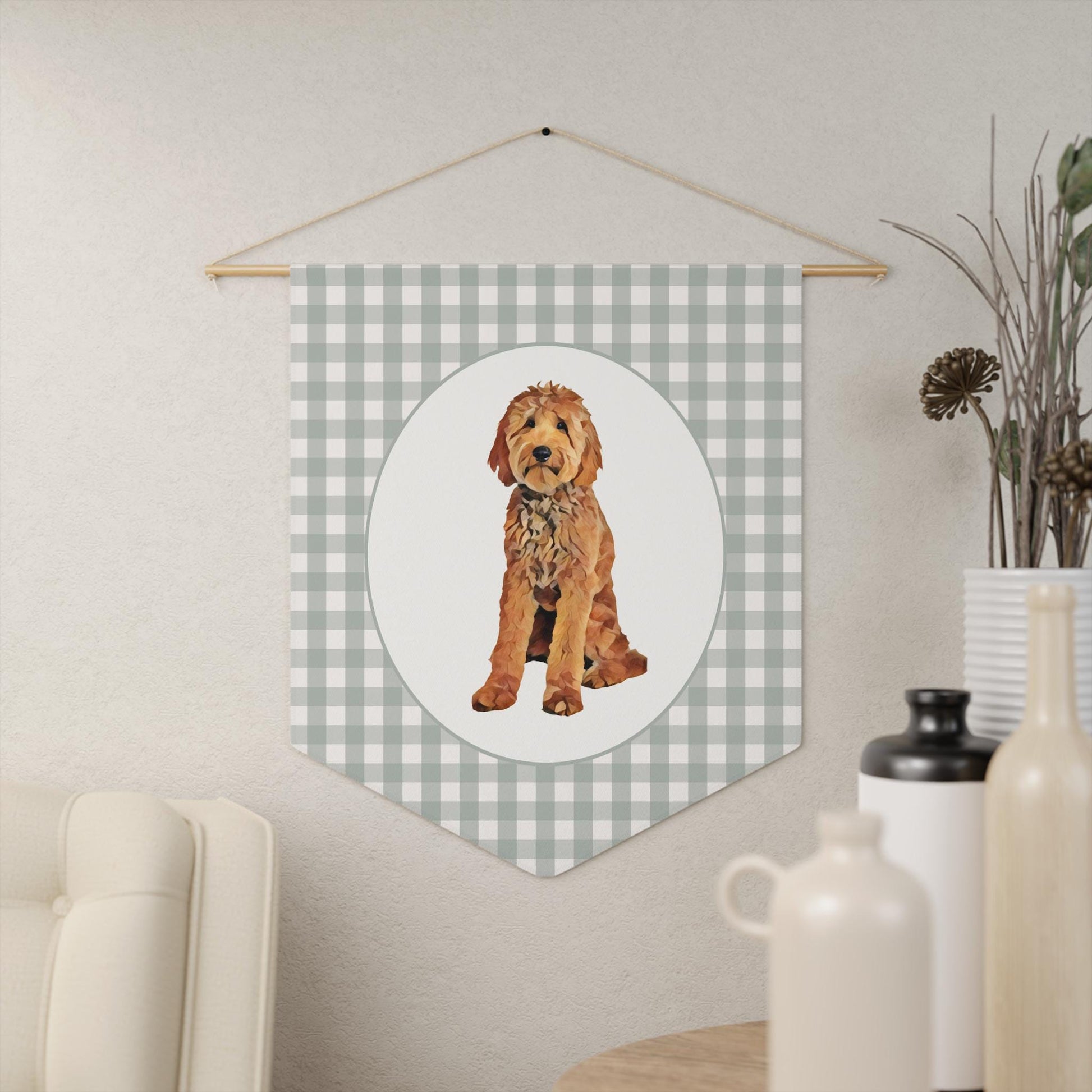 Goldendoodle Nursery Decor | Gingham Pennant Flag Wall Art