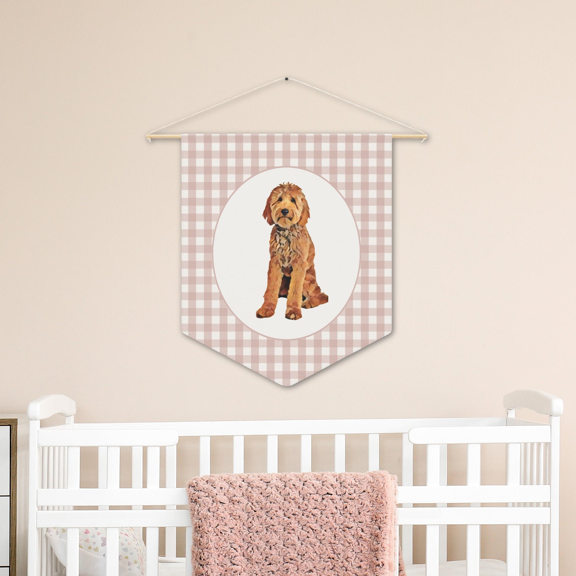 Goldendoodle Nursery Decor Pink Gingham Pennant Flag Wall Art