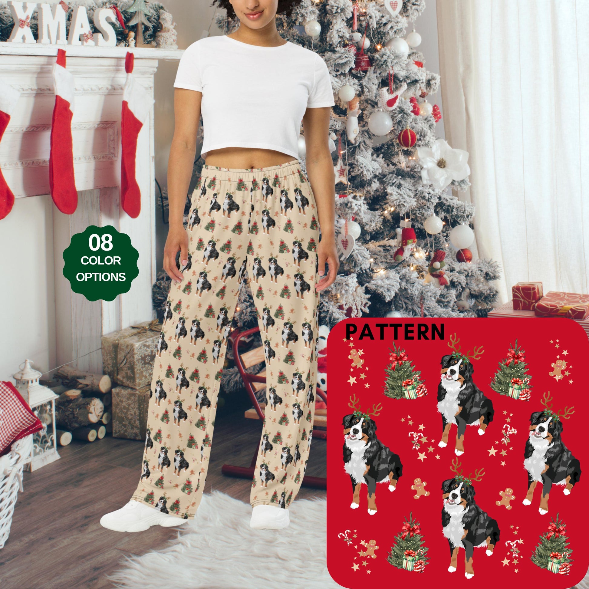 Christmas Bernese Mountain Dog Pajama Pants: Unisex Wide Leg