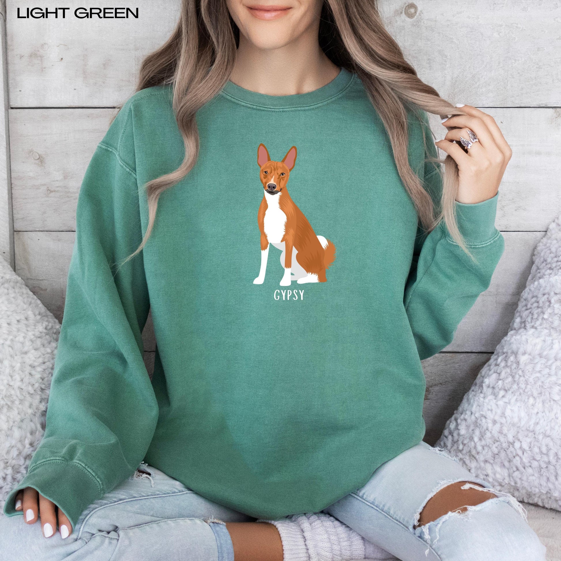 Personalized Basenji Sweatshirt | Basenji Lover Gift featuring a stylish design in light green.