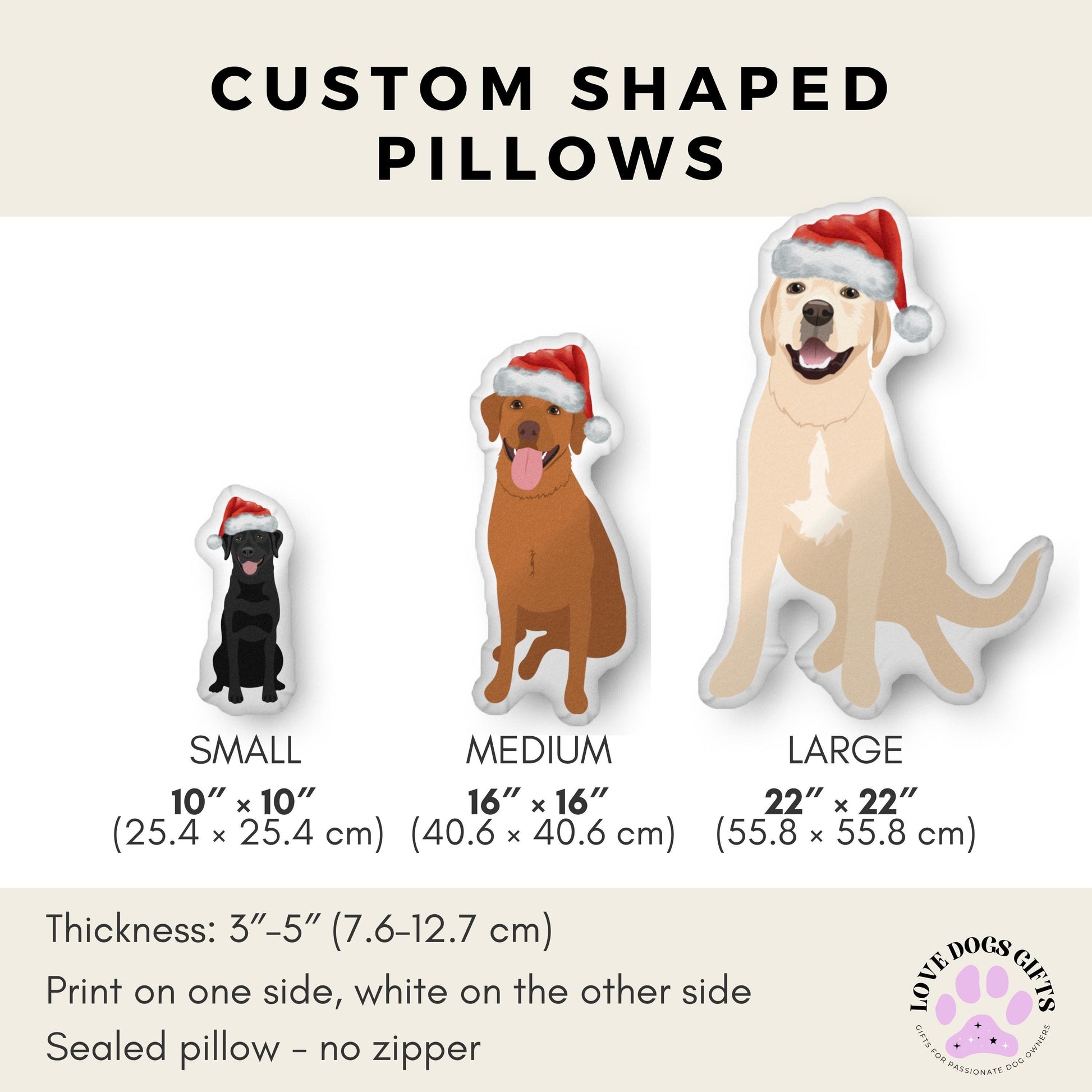 Christmas Hat Labrador Pillow: Kids Nursery Decor in small, medium, and large sizes with vibrant prints.