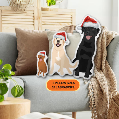 Christmas Hat Labrador Pillow: Kids Nursery Decor with 3 Labrador pillows wearing Santa hats on a sofa.