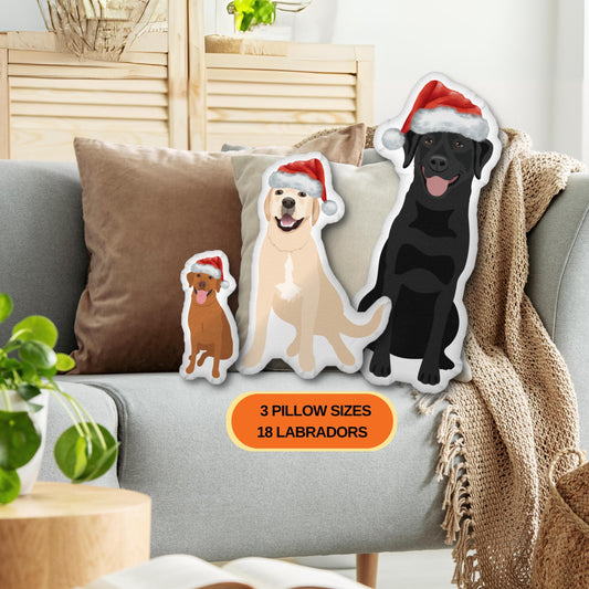 Christmas Hat Labrador Pillow: Kids Nursery Decor with 3 Labrador pillows wearing Santa hats on a sofa.