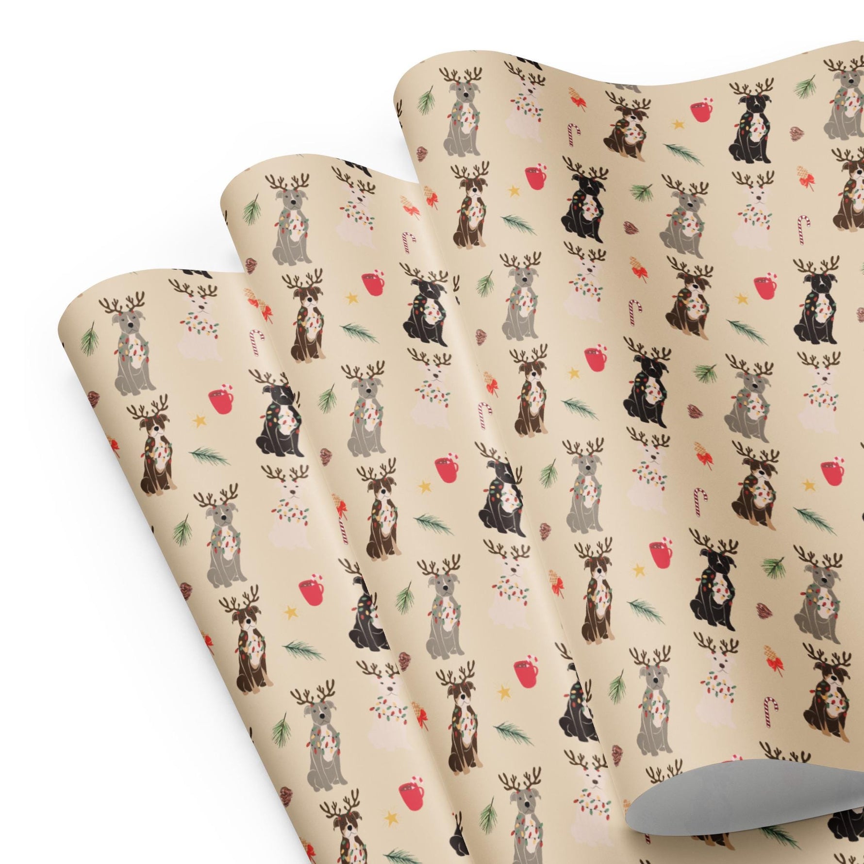 Reindeer Pitbull Christmas Wrapping Paper | Set of 3 Sheets