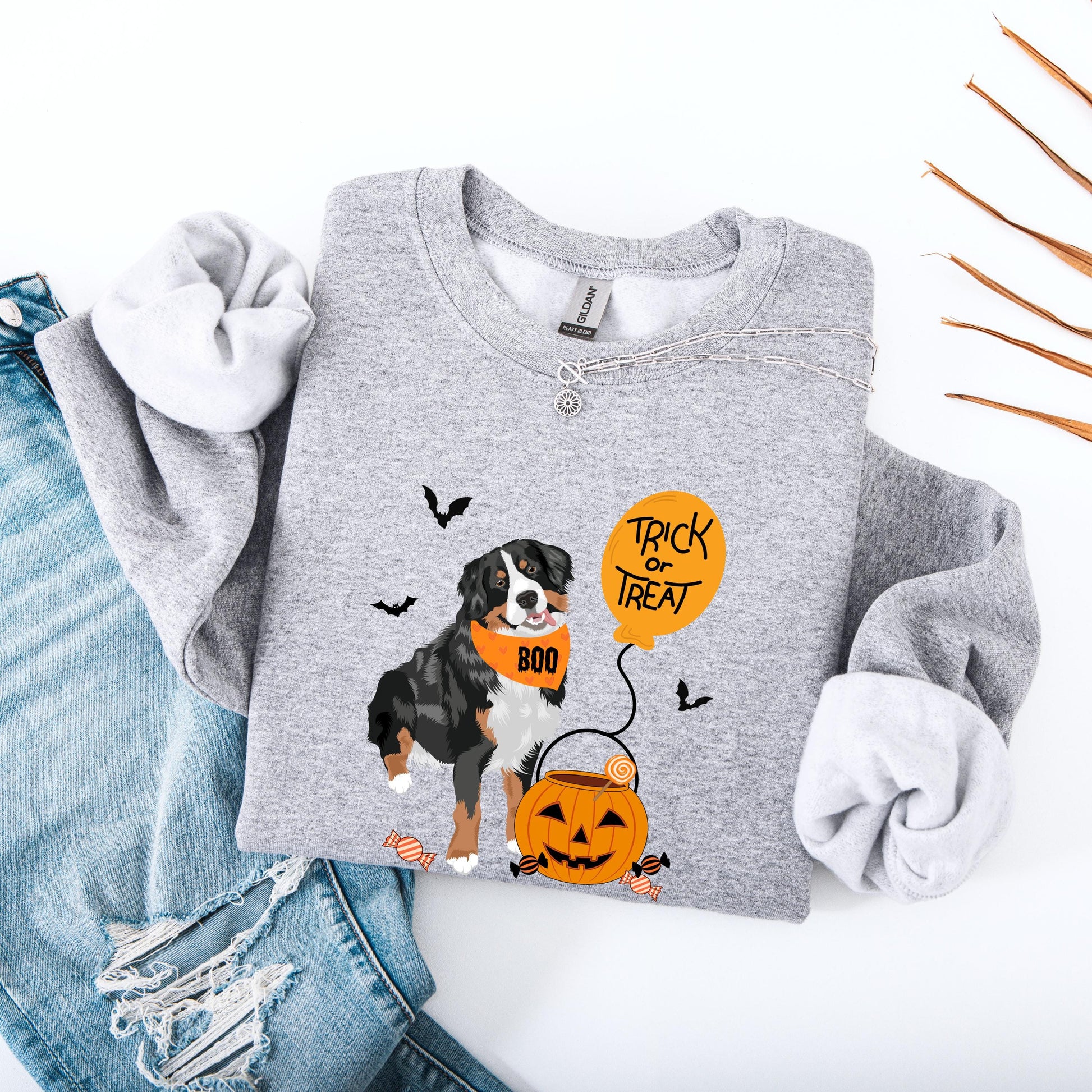 Trick or Treat Bernese Halloween Sweatshirt: Fall Dog Mom Gift