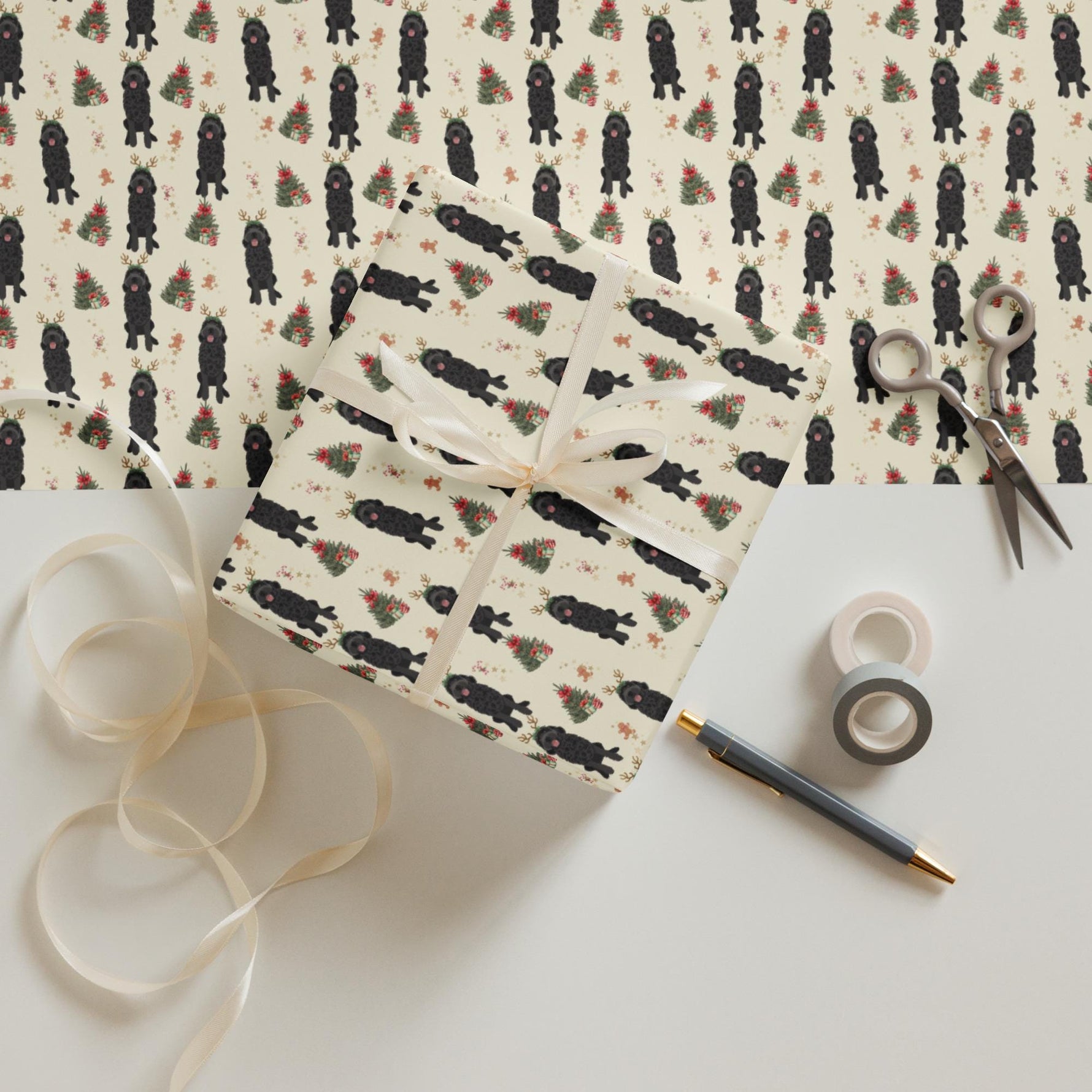 Christmas Dog Wrapping Paper with black goldendoodle