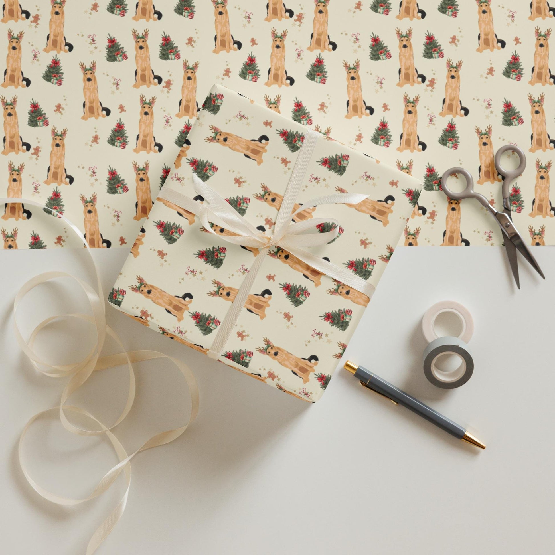 Christmas German Shepherd Wrapping Paper Sheets
