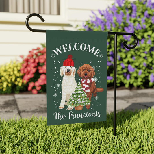 Personalized Christmas Goldendoodle Garden Flag: Family Doodle Welcome
