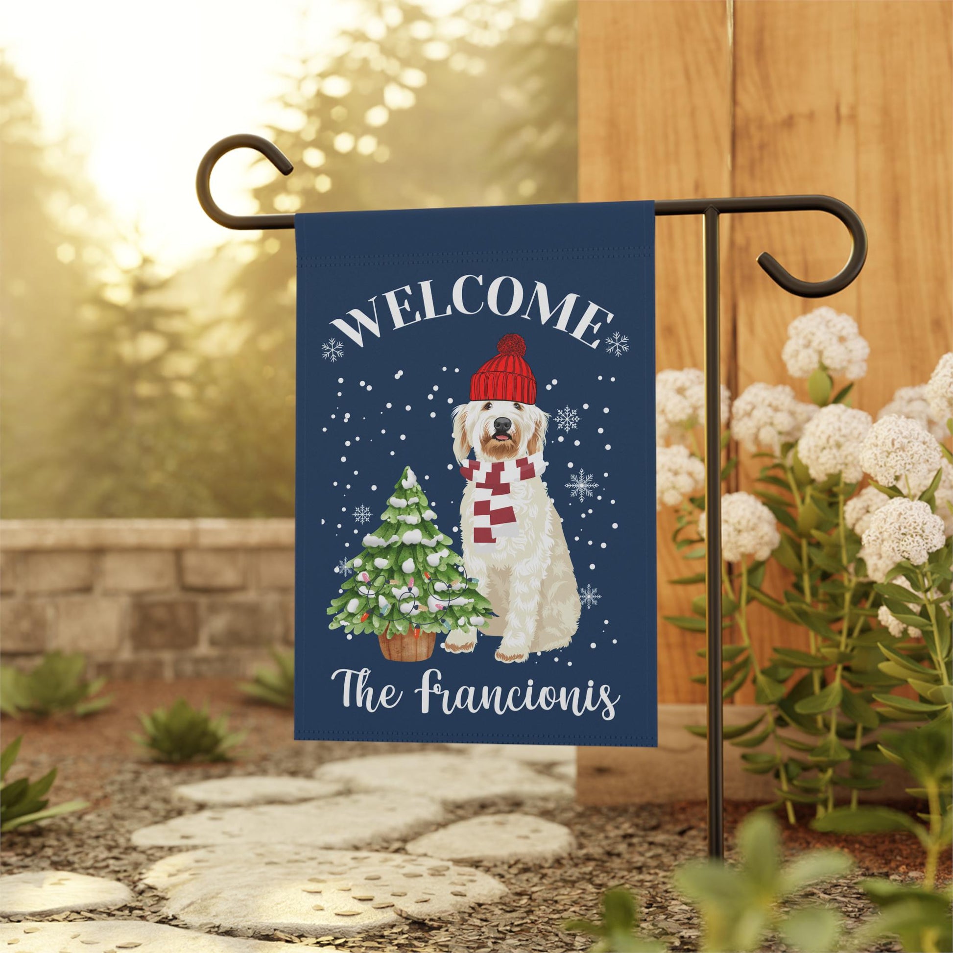 Personalized Christmas Goldendoodle Garden Flag: Family Doodle Welcome