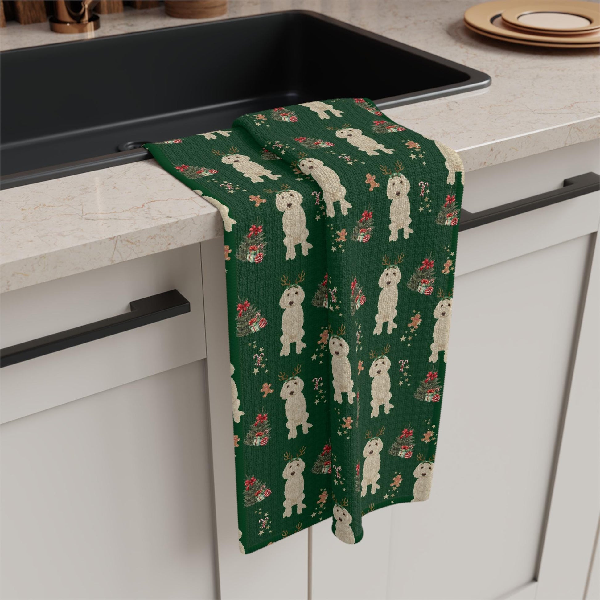 Cream Goldendoodle Christmas Kitchen Towel