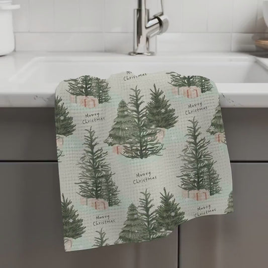 Merry Christmas Tea Towel, waffle kitchen towel, xmas home decor flour sack, grandma gifts, wife birthday gift, christmas tree hand towel