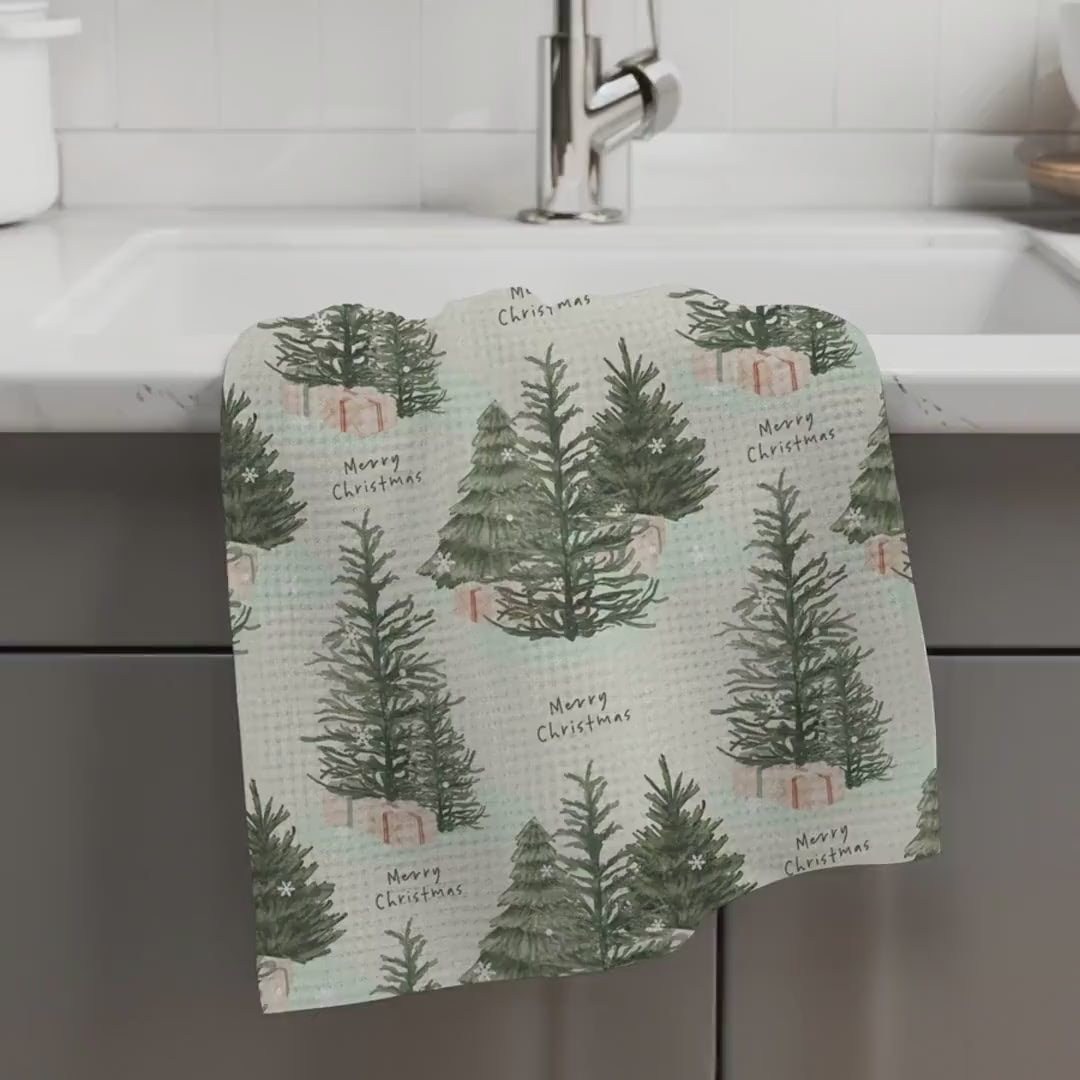 Merry Christmas Tea Towel, waffle kitchen towel, xmas home decor flour sack, grandma gifts, wife birthday gift, christmas tree hand towel