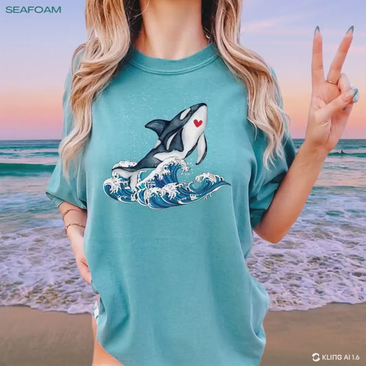 Orca Whale Surfing The Wave Shirt, orca hoodie, coconut girl gift, beach bum sweatshirt, ocean style tee, sea animal shirt, colege girl gift