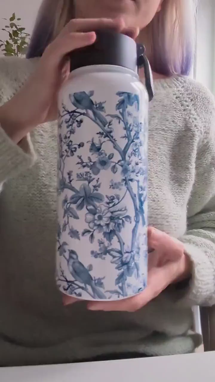 Toile De Jouy Blue Birds Stainless steel water bottle with straw lid 32oz, gym girl gift, fitness water bottle, yoga gift, wife anniversary