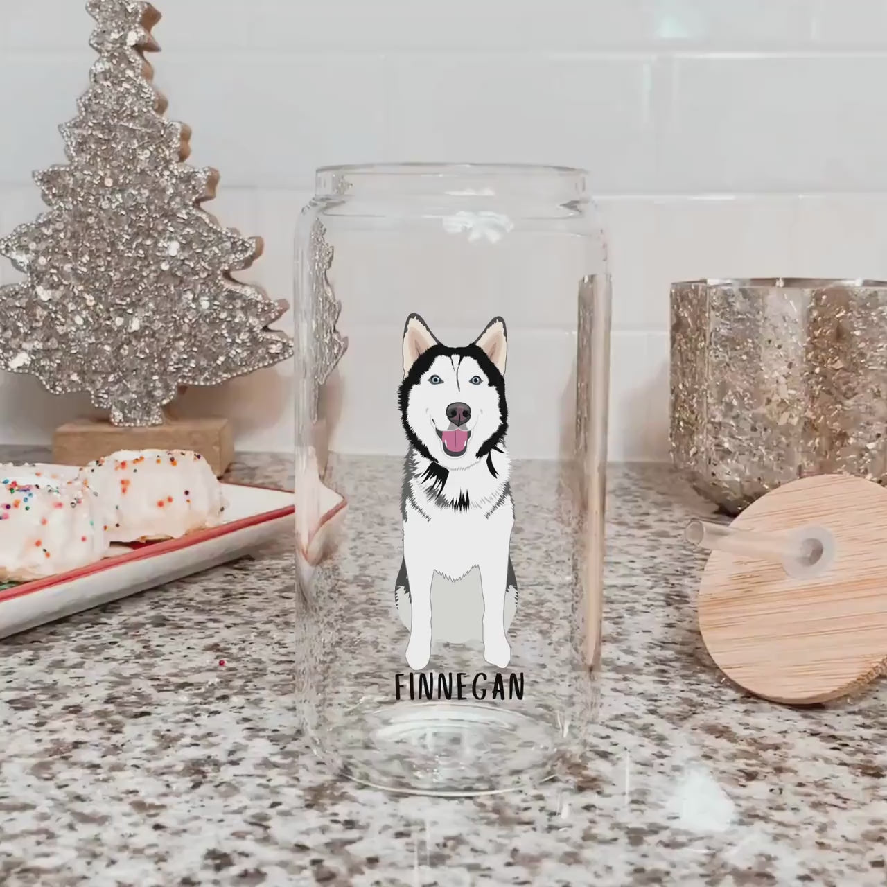 Husky Can Glass with lid and straw, red husky coffee glass iced, brown husky gift, Valentine gift for her, alaskan malamute dog mom gift