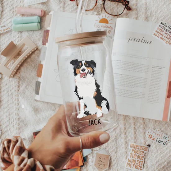 Australian Shepherd glass with lid and straw, iced coffee glass, aussie mom gifts, aussie gifts, mothers day gift, daughter birthday gift